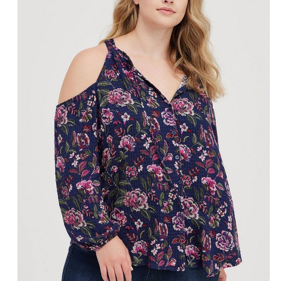Torrid Crinkle Gauze Cold Shoulder Tie-Front Top Floral Size 2 2X - Picture 10 of 11